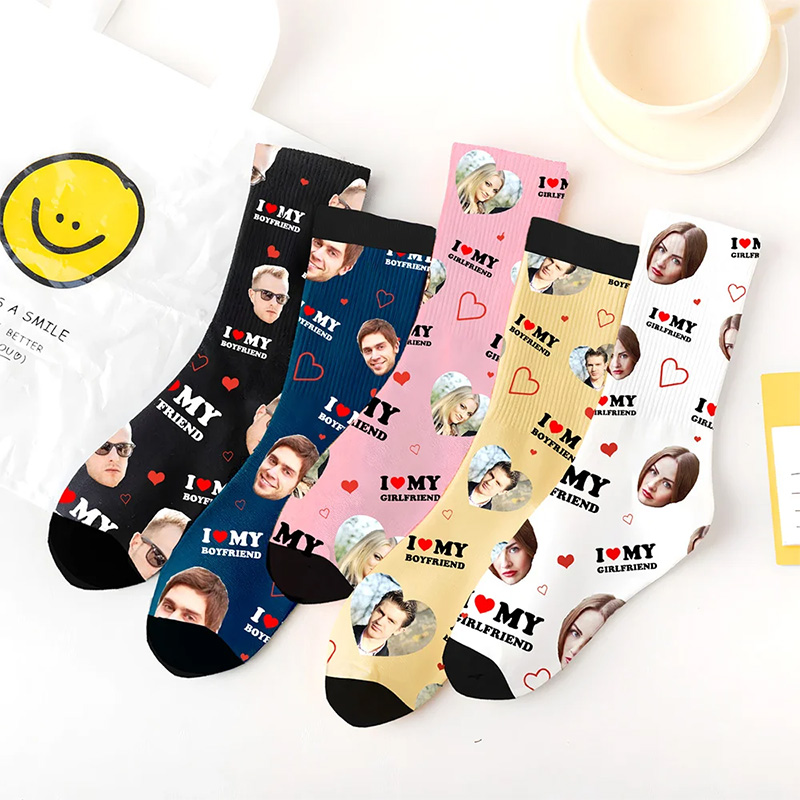 Personalized Couple Multicolor Face Photo Socks Custom I Love My Girlfriend Boyfriend Portrait Socks Valentines Day Gift for Him Her Anniversary Gift