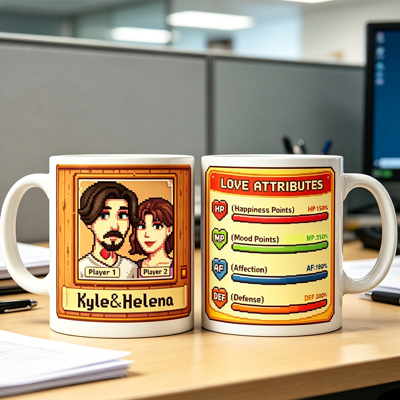 Personalized Game Couple Mug with Names Pixel-style All-over Print Couple Mug Personalized Couple Gift Photo Mug