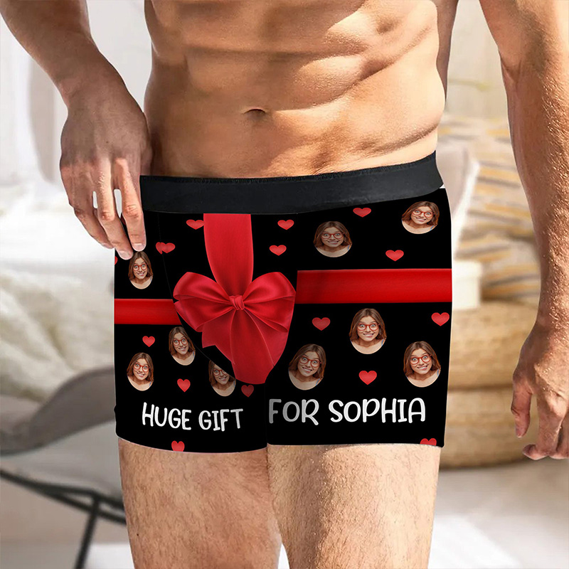 Personalized Girlfriend Wife Face Boxer Brief Red Bow Huge Gift For Her Men Underwear with Woman Face Photo Valentines Day Gift for Boyfriend Husband