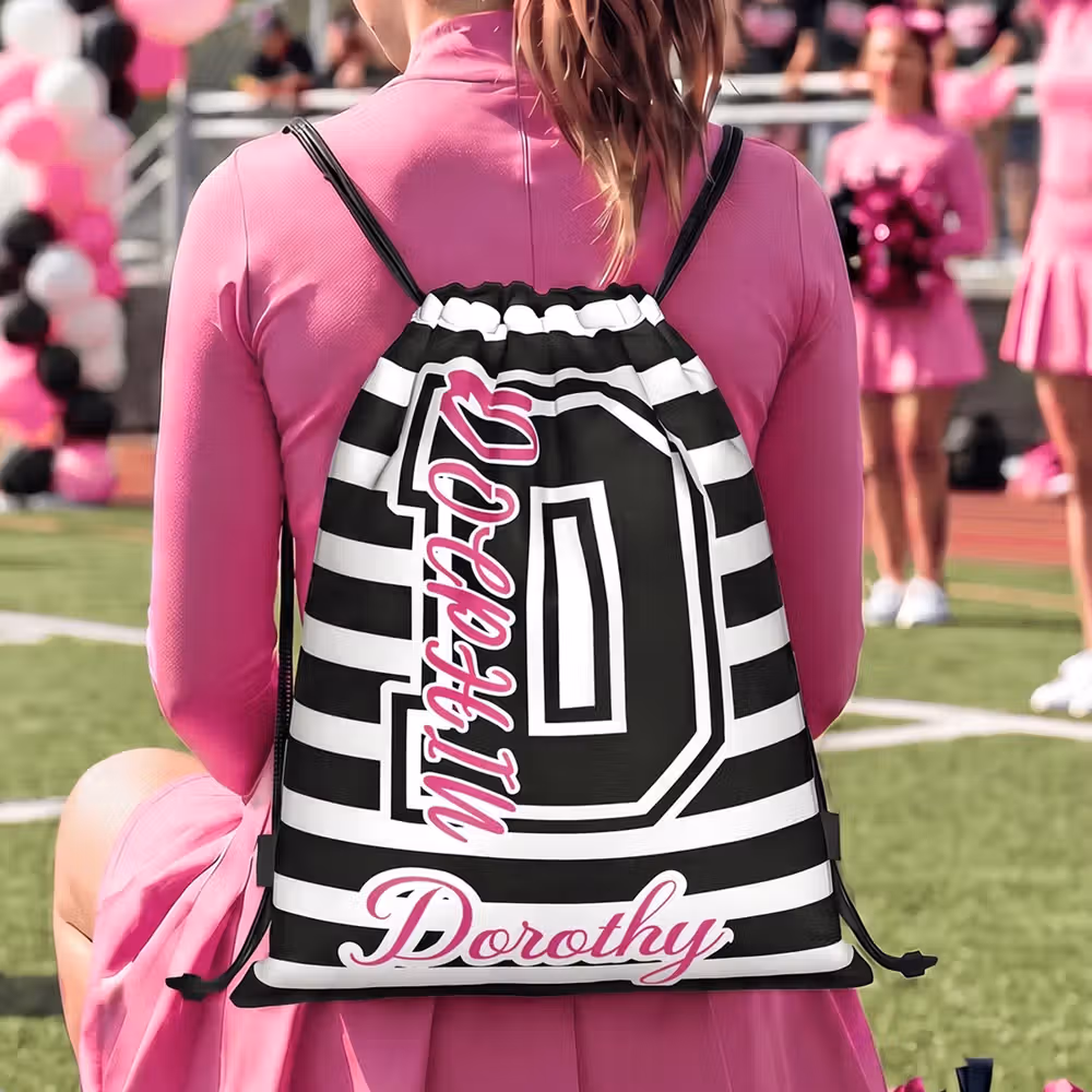 Personalized Striped Design Waterproof Wear-Resistant Drawstring Bag with Name Daily Use Game Day Gift for Sports Lovers
