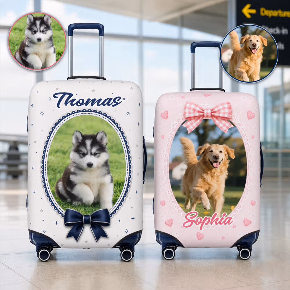 Personalized Bow Heart Flower Pattern Pet Photo Luggage Cover with Name Fits 18-32 Inches Suitcase Birthday Gift for Travel Lover Pet Owner