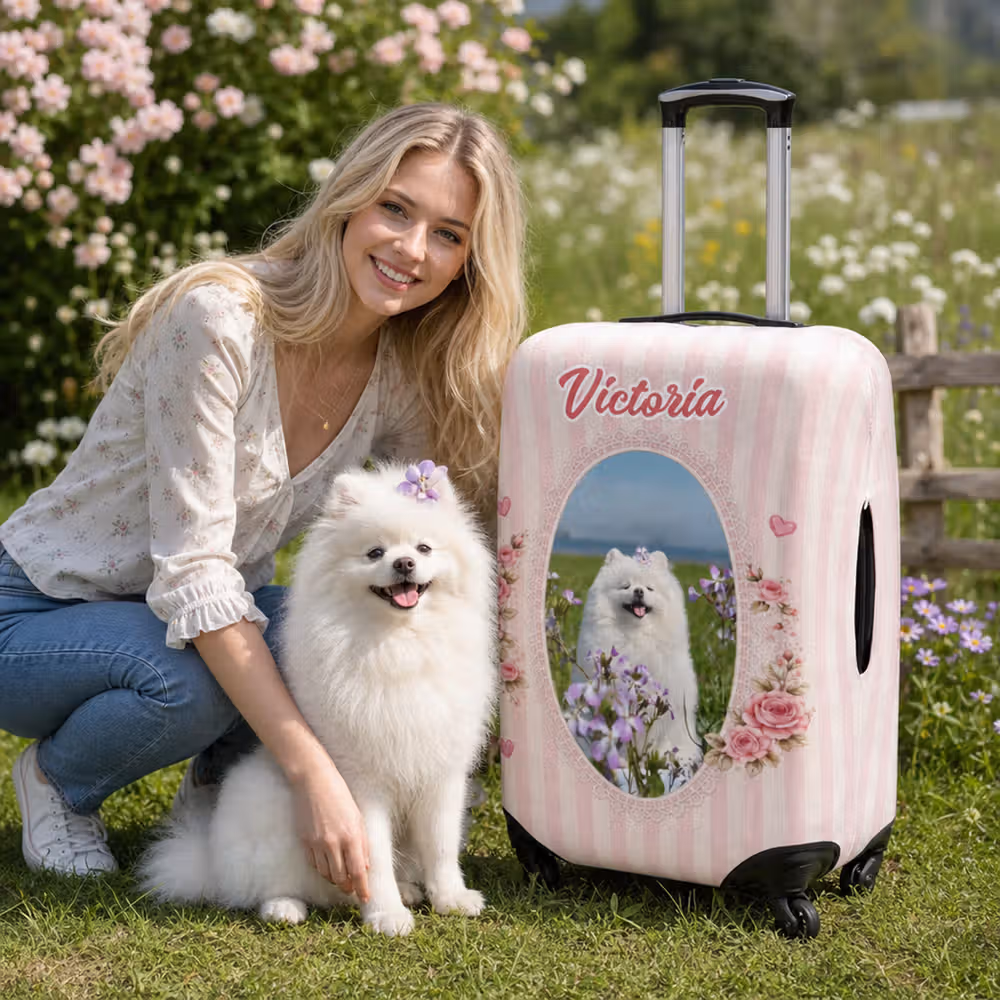 Personalized Bow Heart Flower Pattern Pet Photo Luggage Cover with Name Fits 18-32 Inches Suitcase Birthday Gift for Travel Lover Pet Owner