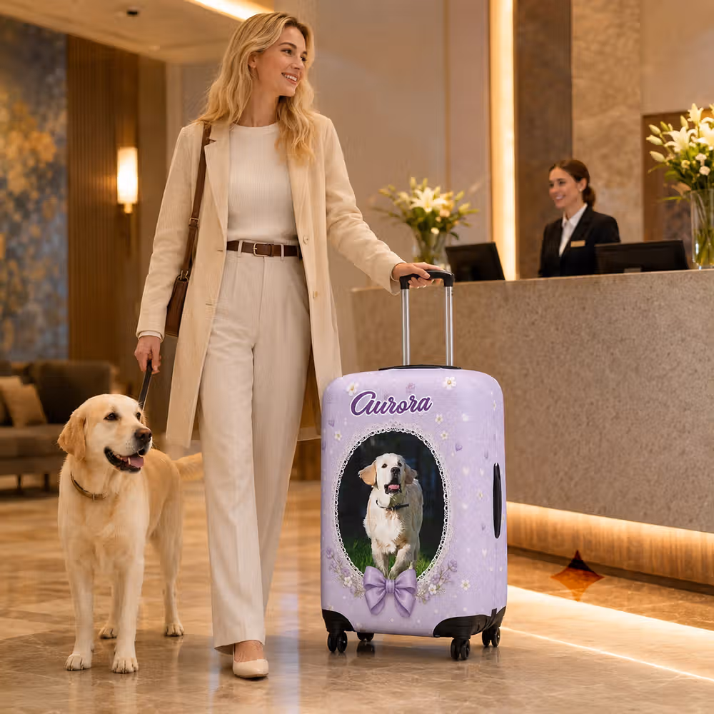 Personalized Bow Heart Flower Pattern Pet Photo Luggage Cover with Name Fits 18-32 Inches Suitcase Birthday Gift for Travel Lover Pet Owner