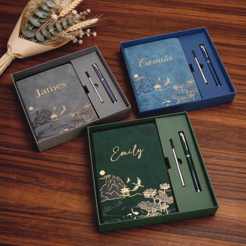Personalized Chinese-Style Landscape Painting Vegan PU Leather A5 Notebook and Pen Set with Name Birthday New Year Gift for Colleagues Friends Writers