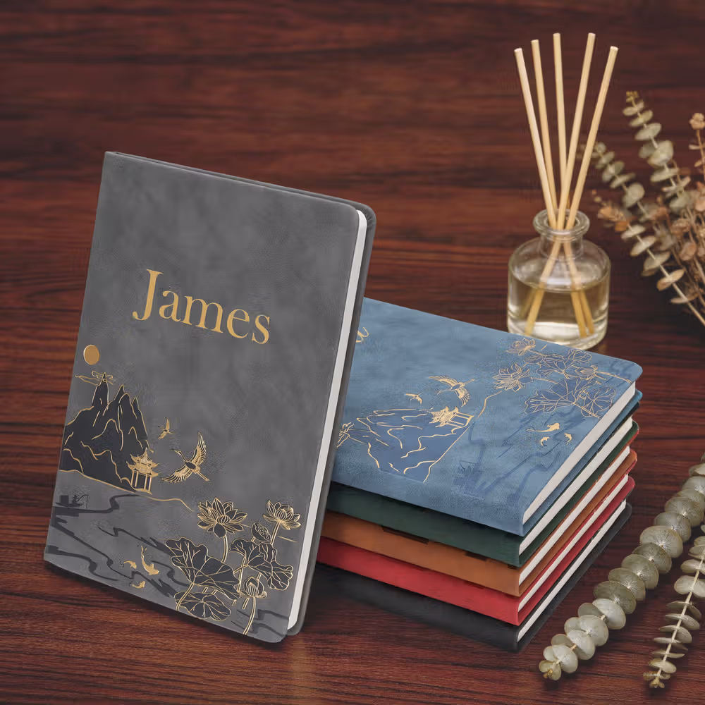 Personalized Chinese-Style Landscape Painting Vegan PU Leather A5 Notebook and Pen Set with Name Birthday New Year Gift for Colleagues Friends Writers