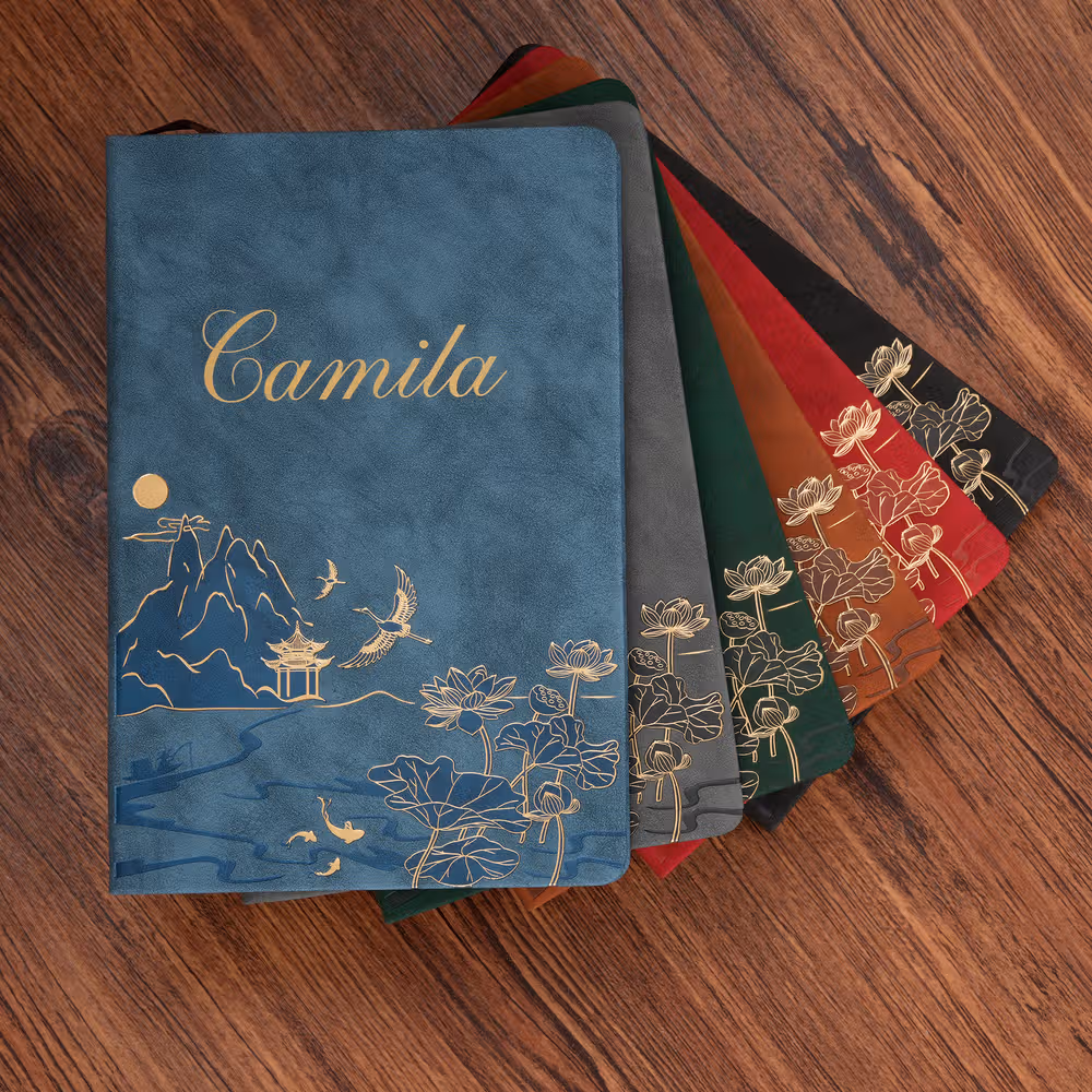 Personalized Chinese-Style Landscape Painting Vegan PU Leather A5 Notebook and Pen Set with Name Birthday New Year Gift for Colleagues Friends Writers