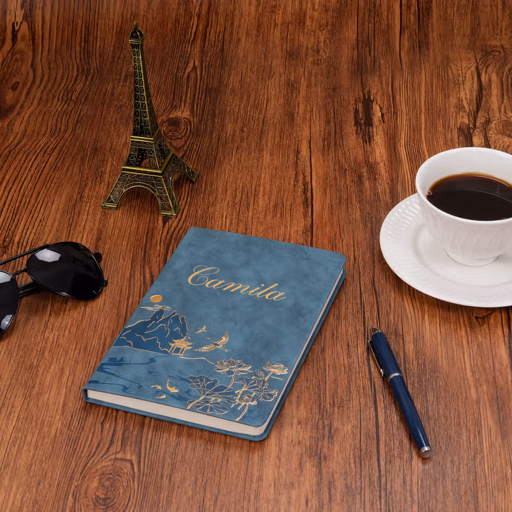 Personalized Chinese-Style Landscape Painting Vegan PU Leather A5 Notebook and Pen Set with Name Birthday New Year Gift for Colleagues Friends Writers