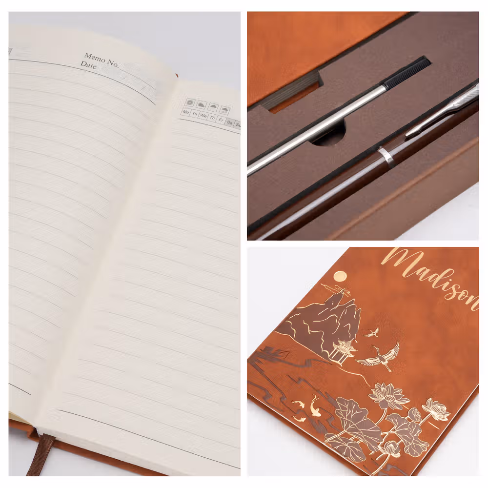 Personalized Chinese-Style Landscape Painting Vegan PU Leather A5 Notebook and Pen Set with Name Birthday New Year Gift for Colleagues Friends Writers