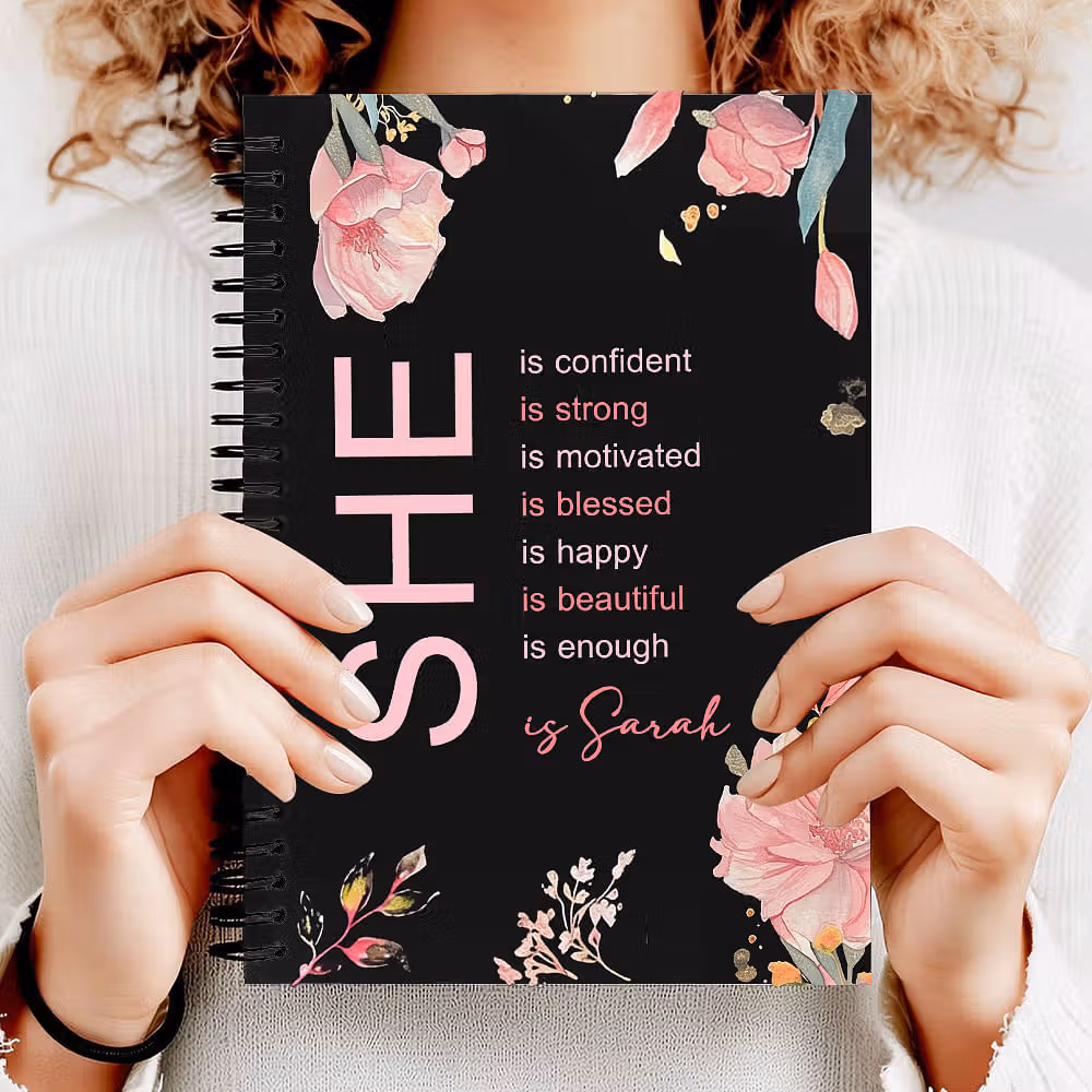 Personalized Self Care She Is Me Journal Notebook with Name Flower Design Birthday Affirmation Gift for Women Girls