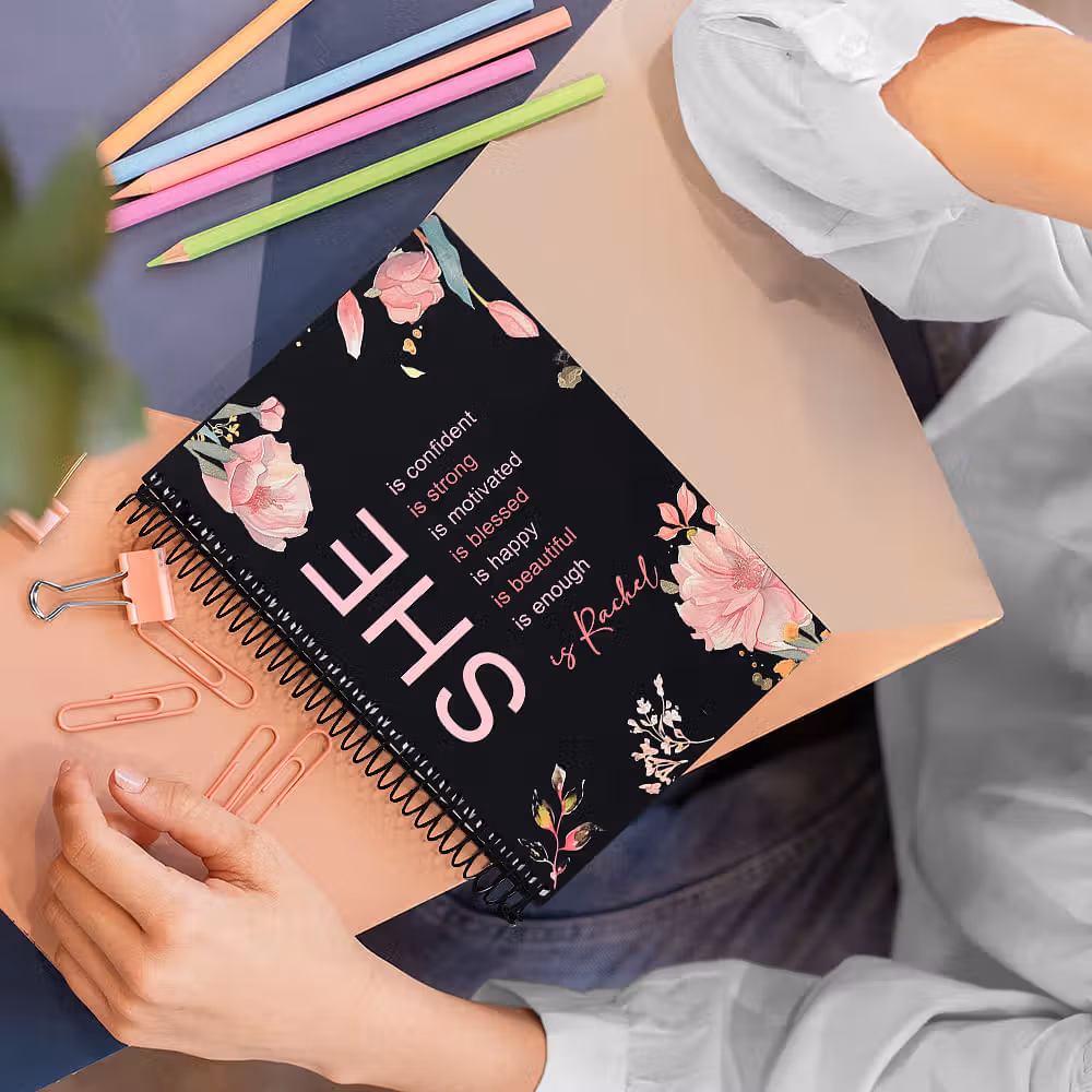 Personalized Self Care She Is Me Journal Notebook with Name Flower Design Birthday Affirmation Gift for Women Girls