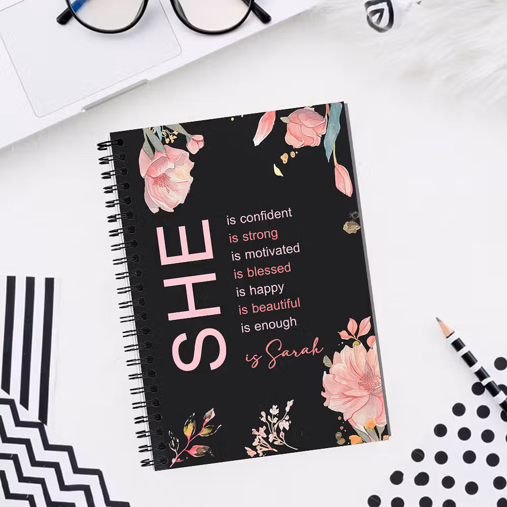 Personalized Self Care She Is Me Journal Notebook with Name Flower Design Birthday Affirmation Gift for Women Girls