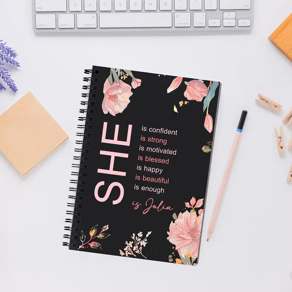 Personalized Self Care She Is Me Journal Notebook with Name Flower Design Birthday Affirmation Gift for Women Girls