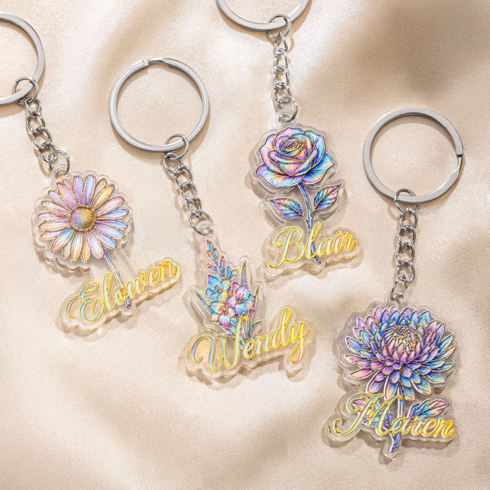 Personalized 3D Sculptured Foil Stamping Birth Flower Iridescent Acrylic Keychain with Name Daily Use Anniversary Birthday Gift for Women Girls