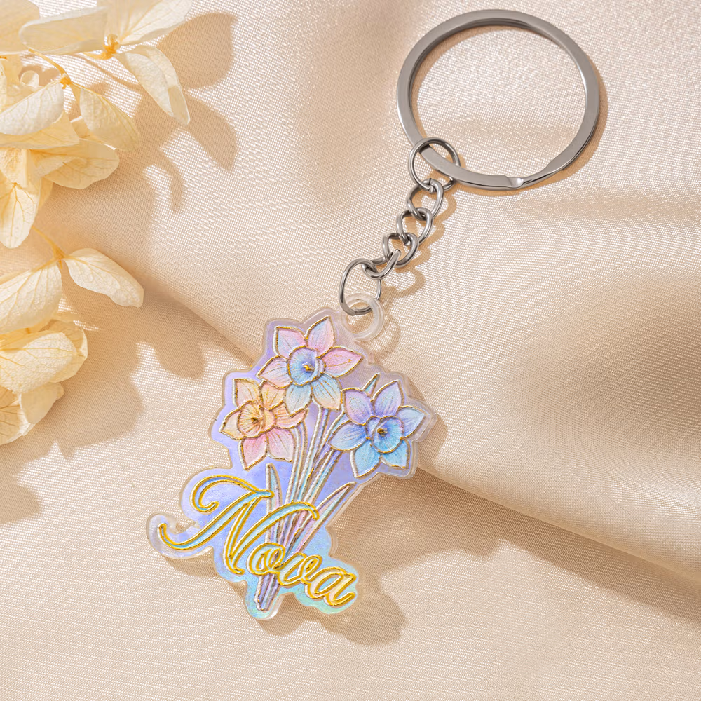 Personalized 3D Sculptured Foil Stamping Birth Flower Iridescent Acrylic Keychain with Name Daily Use Anniversary Birthday Gift for Women Girls
