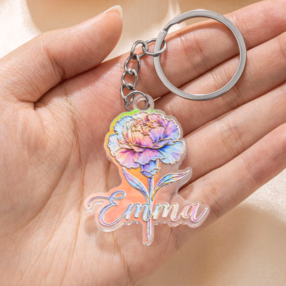 Personalized 3D Sculptured Foil Stamping Birth Flower Iridescent Acrylic Keychain with Name Daily Use Anniversary Birthday Gift for Women Girls