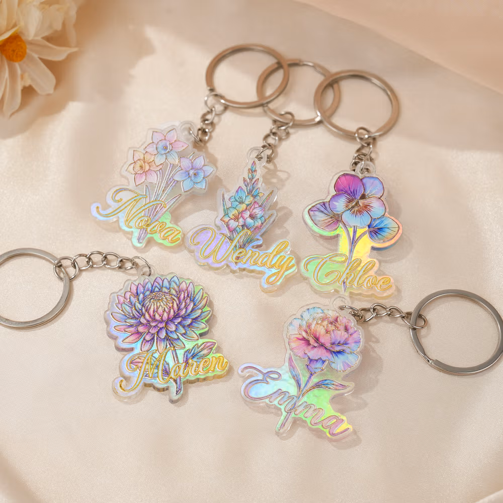 Personalized 3D Sculptured Foil Stamping Birth Flower Iridescent Acrylic Keychain with Name Daily Use Anniversary Birthday Gift for Women Girls