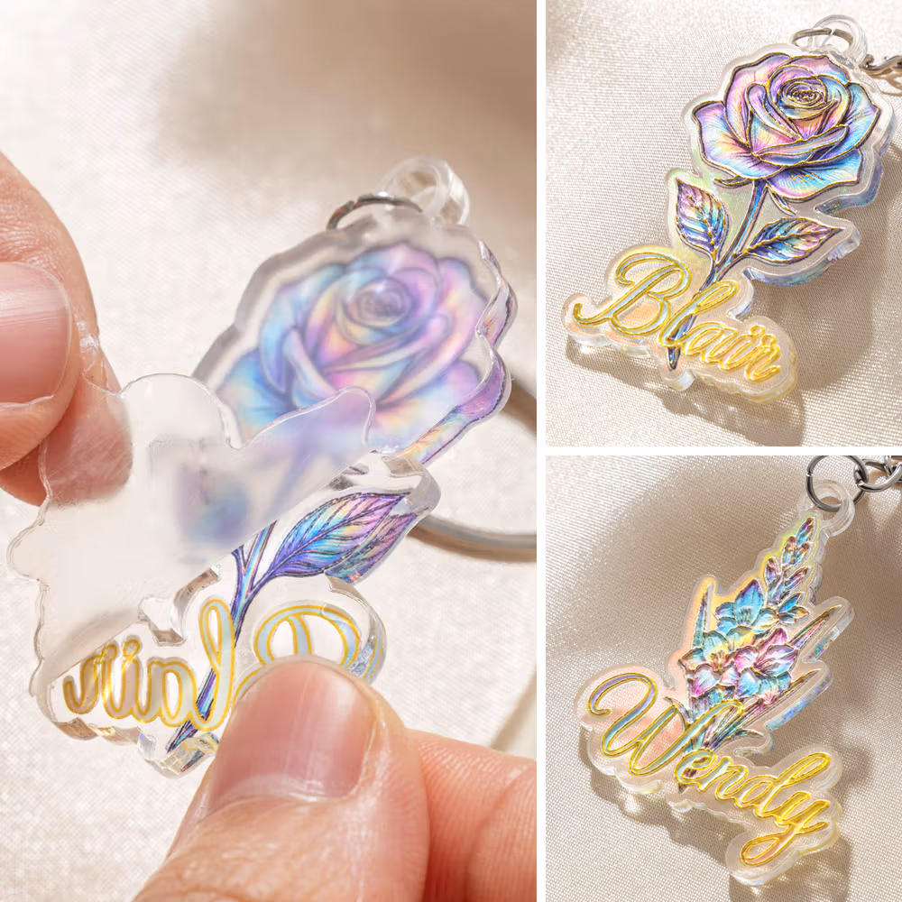 Personalized 3D Sculptured Foil Stamping Birth Flower Iridescent Acrylic Keychain with Name Daily Use Anniversary Birthday Gift for Women Girls