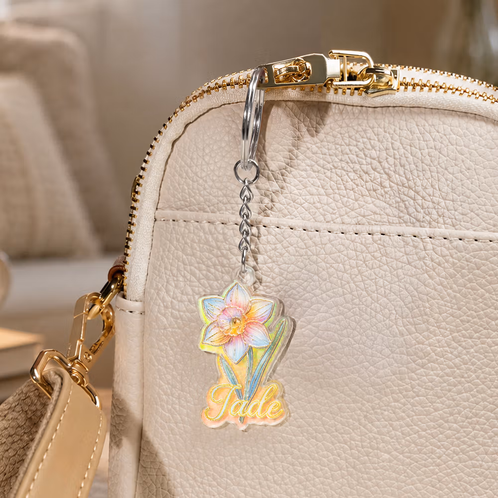 Personalized 3D Sculptured Foil Stamping Birth Flower Iridescent Acrylic Keychain with Name Daily Use Anniversary Birthday Gift for Women Girls