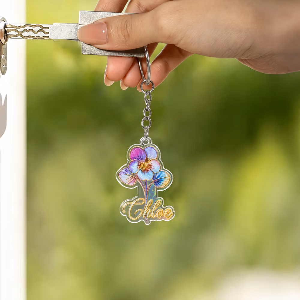 Personalized 3D Sculptured Foil Stamping Birth Flower Iridescent Acrylic Keychain with Name Daily Use Anniversary Birthday Gift for Women Girls