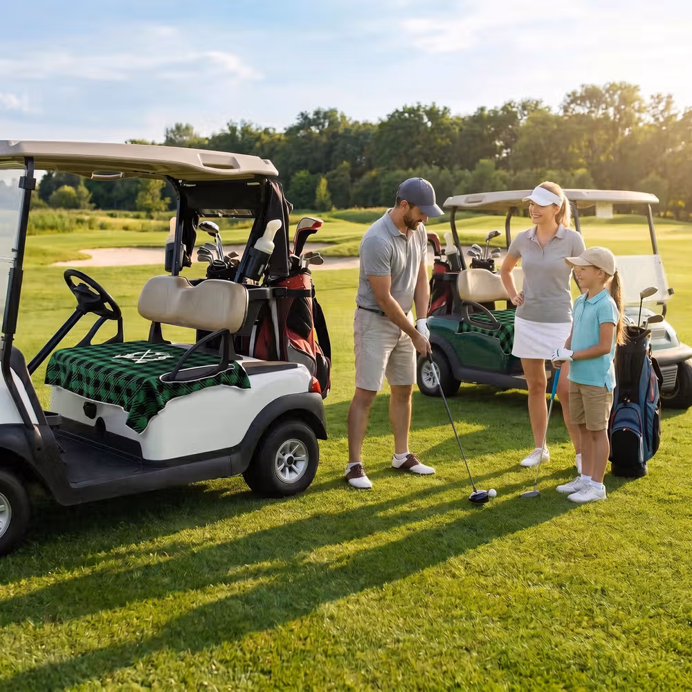 Personalized Golf Club Wreath Plaid Golf Cart Seat Cover with Name and Initial Golf Course Accessories Birthday Gift for Golfers Country Clubs