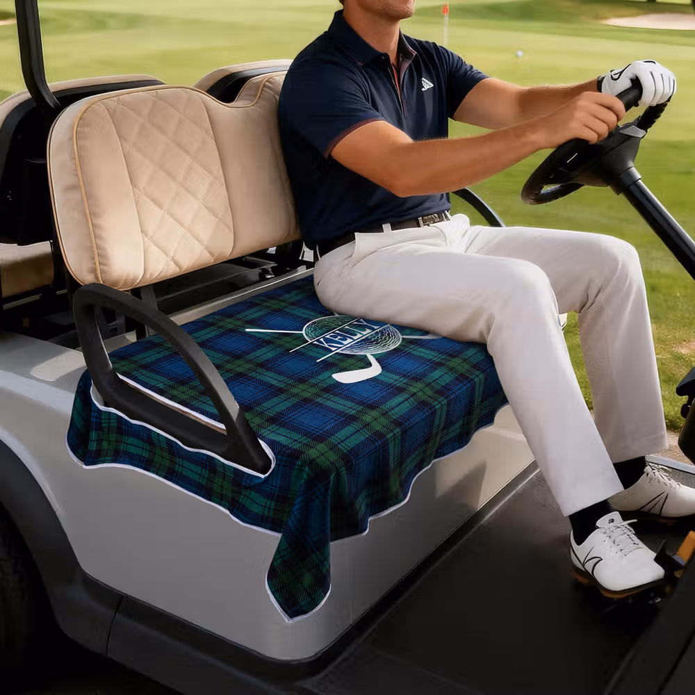 Personalized Golf Club Wreath Plaid Golf Cart Seat Cover with Name and Initial Golf Course Accessories Birthday Gift for Golfers Country Clubs