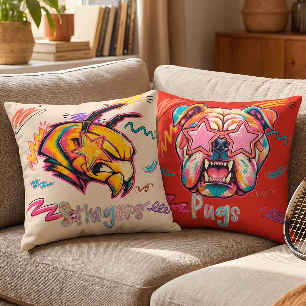 Personalized Multicolor Neon Mascot Throw Pillow Cover with Team Name Dorm Decor Game Day Back to School Gift for Students Coaches Sports Fans