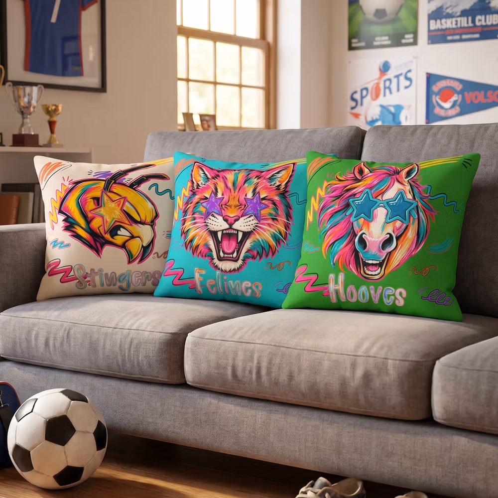 Personalized Multicolor Neon Mascot Throw Pillow Cover with Team Name Dorm Decor Game Day Back to School Gift for Students Coaches Sports Fans