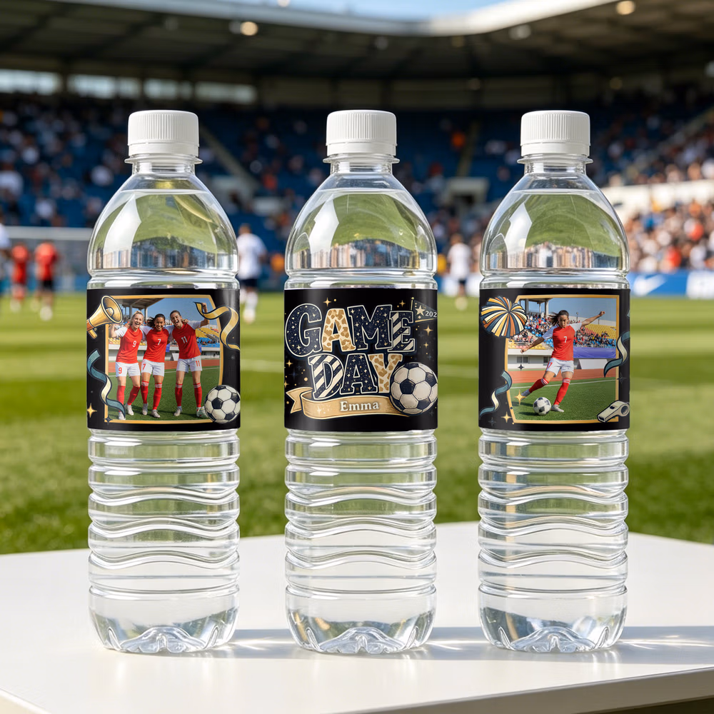 Personalized Soccer Leopard Print Photo Glitter Multicolor Water Bottle Label Sticker with Name and Year Party Decor World Cup Gift for Soccer Fans