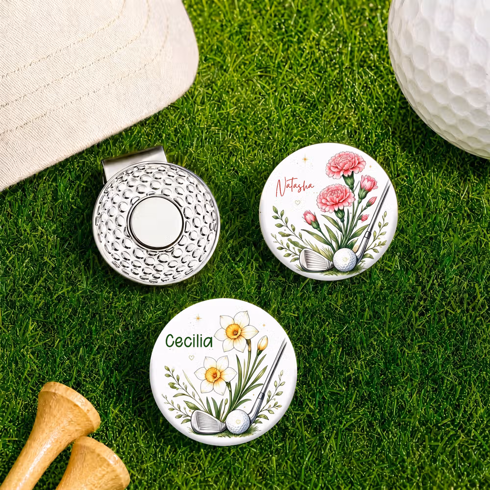 Personalized Birth Flower Golf Club Golf Ball Marker with Magnetic Hat Clip and Name Birthday Game Day Golf Course Gift for Golf Lovers