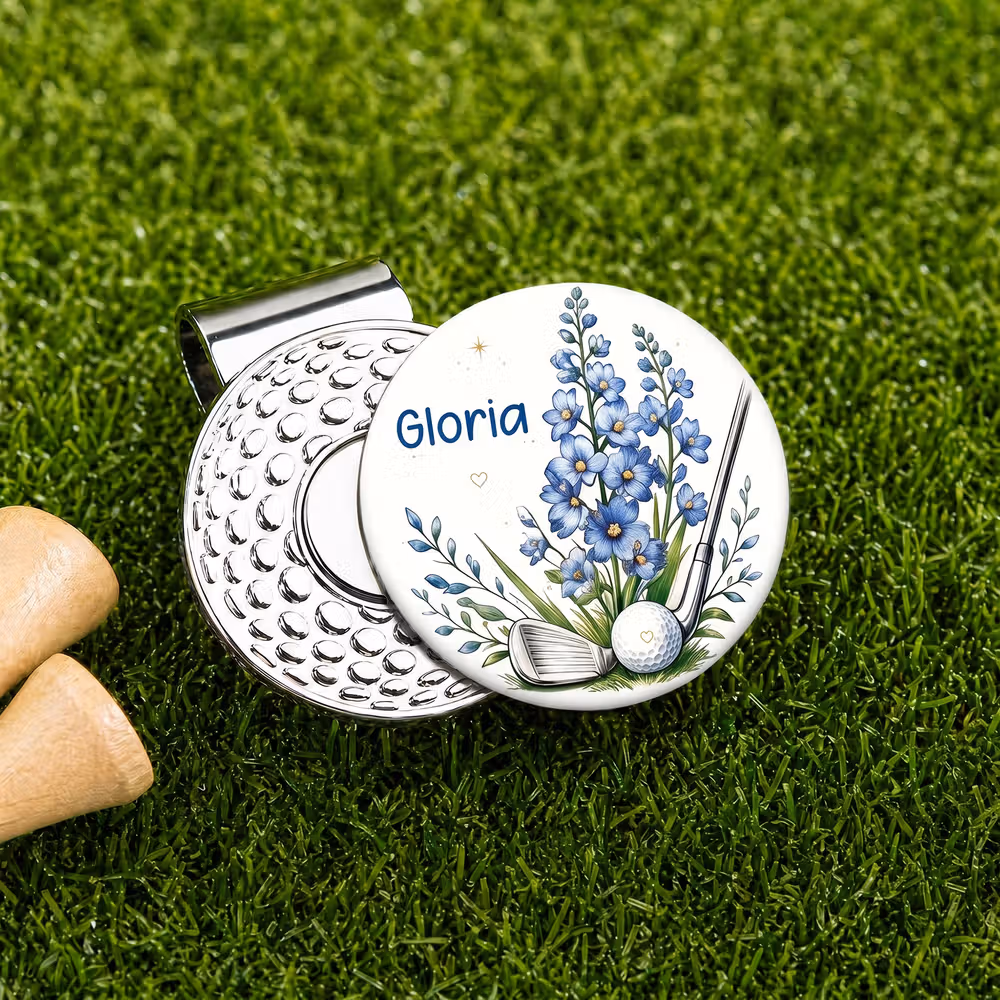 Personalized Birth Flower Golf Club Golf Ball Marker with Magnetic Hat Clip and Name Birthday Game Day Golf Course Gift for Golf Lovers