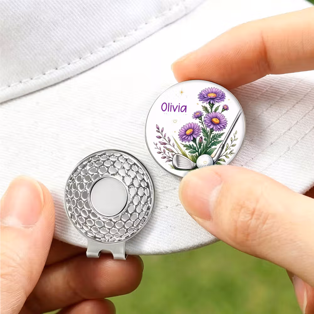 Personalized Birth Flower Golf Club Golf Ball Marker with Magnetic Hat Clip and Name Birthday Game Day Golf Course Gift for Golf Lovers