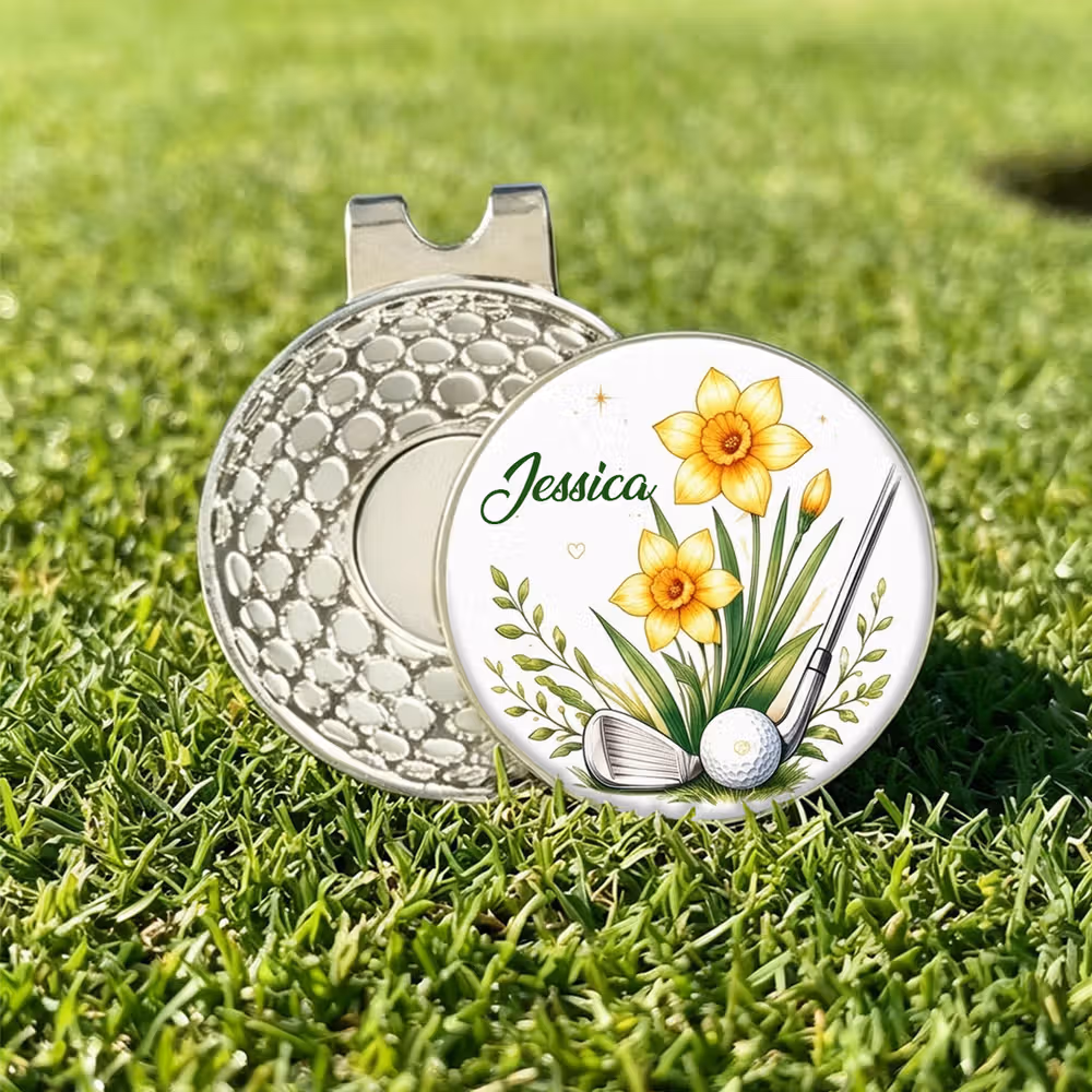 Personalized Birth Flower Golf Club Golf Ball Marker with Magnetic Hat Clip and Name Birthday Game Day Golf Course Gift for Golf Lovers