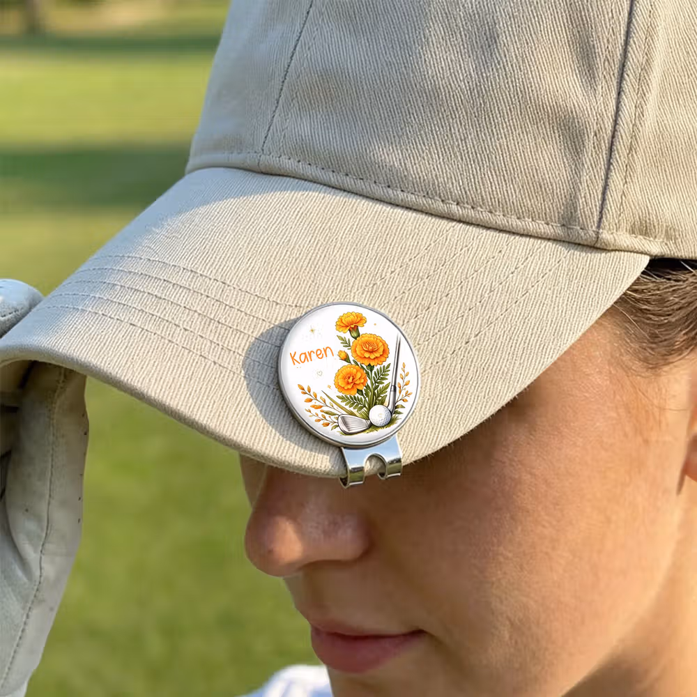 Personalized Birth Flower Golf Club Golf Ball Marker with Magnetic Hat Clip and Name Birthday Game Day Golf Course Gift for Golf Lovers