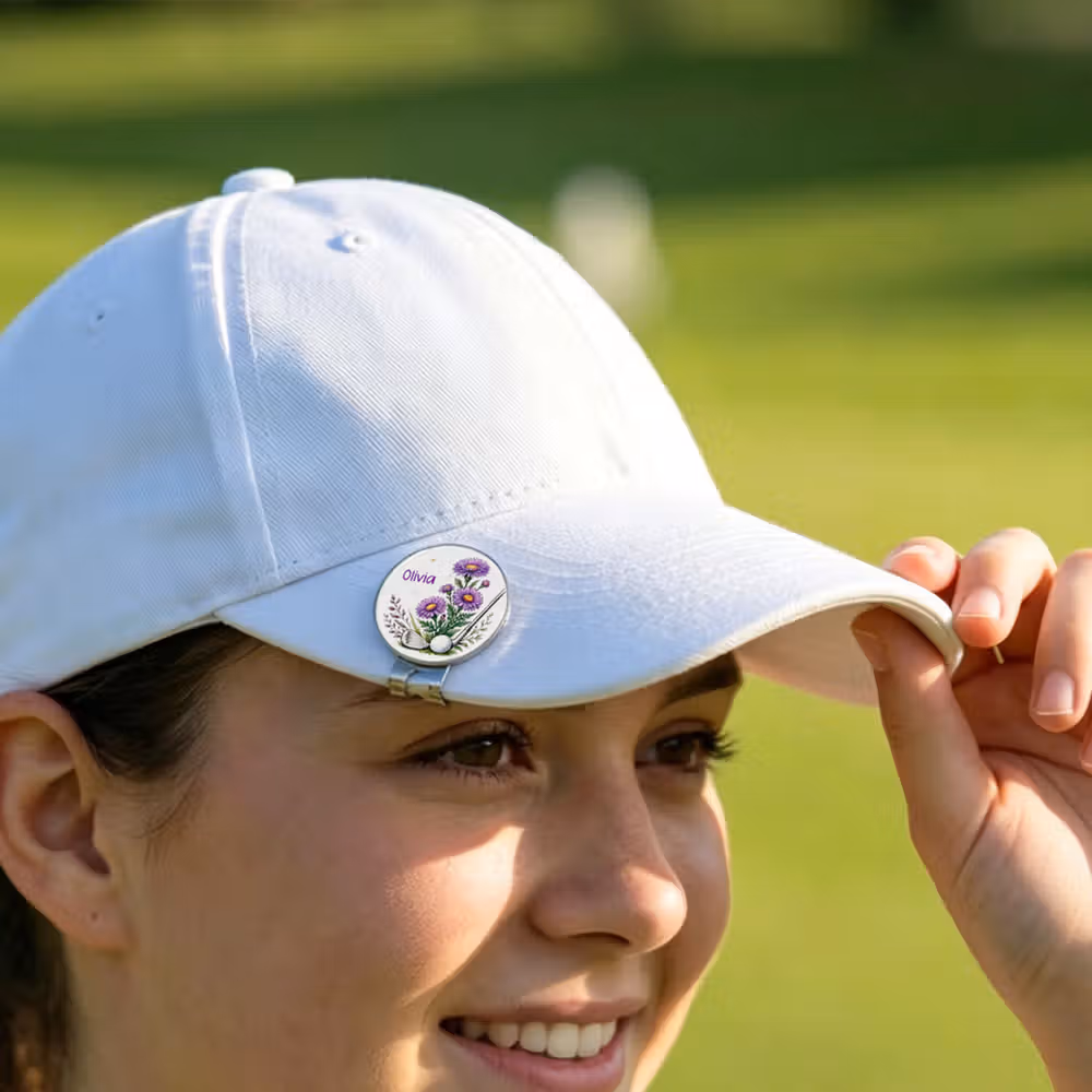 Personalized Birth Flower Golf Club Golf Ball Marker with Magnetic Hat Clip and Name Birthday Game Day Golf Course Gift for Golf Lovers