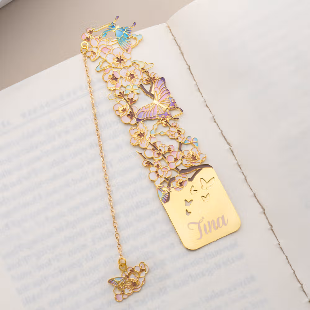 Personalized Birth Flower Butterfly Gold Metal Bookmark with Text and Decorative Chain Daily Use Birthday Gift for Women Book Lovers