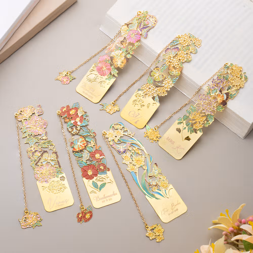 Personalized Birth Flower Butterfly Gold Metal Bookmark with Text and Decorative Chain Daily Use Birthday Gift for Women Book Lovers