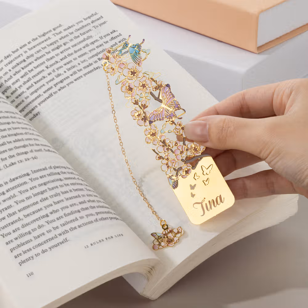Personalized Birth Flower Butterfly Gold Metal Bookmark with Text and Decorative Chain Daily Use Birthday Gift for Women Book Lovers