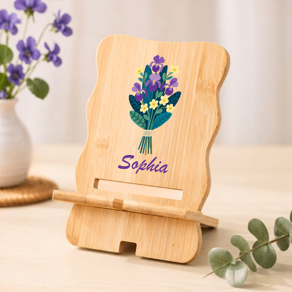 Personalized Colorful Birth Flower Wooden Phone Holder with Name Office Daily Use Birthday Gift for Family Friend Office Worker
