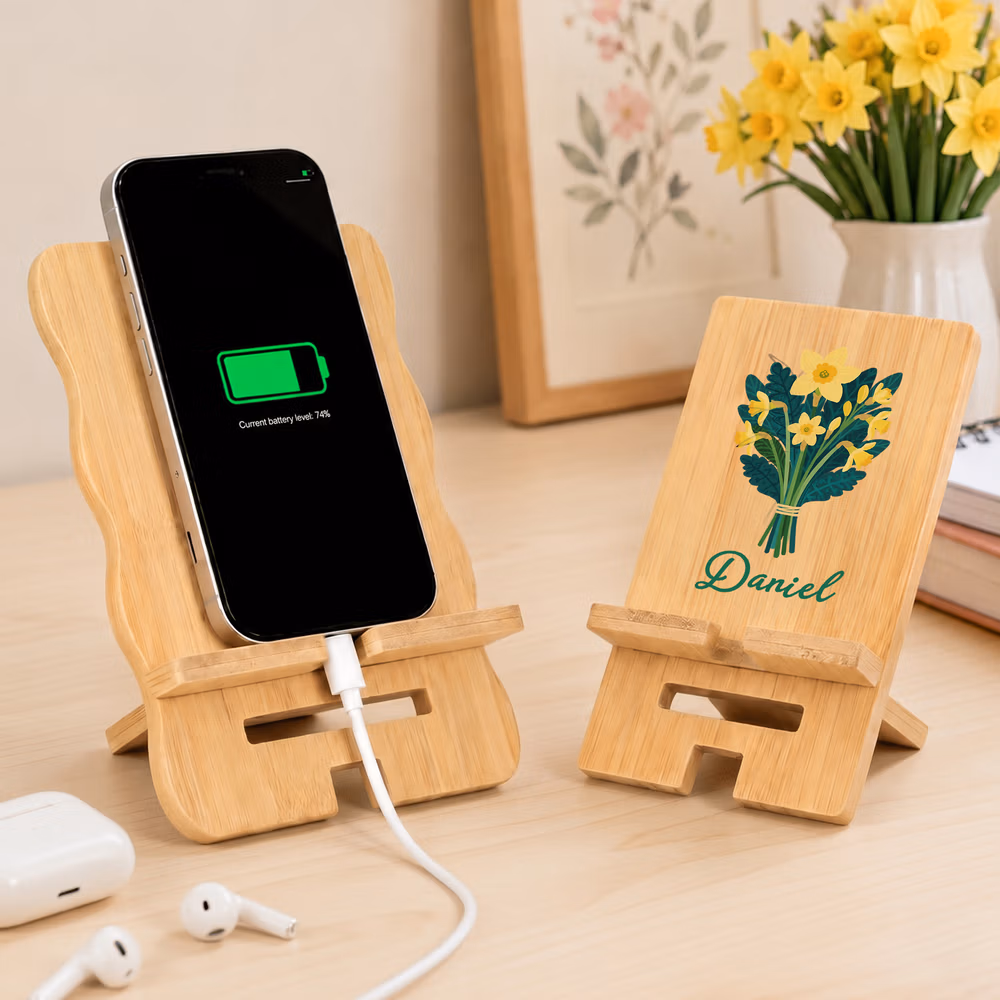 Personalized Colorful Birth Flower Wooden Phone Holder with Name Office Daily Use Birthday Gift for Family Friend Office Worker
