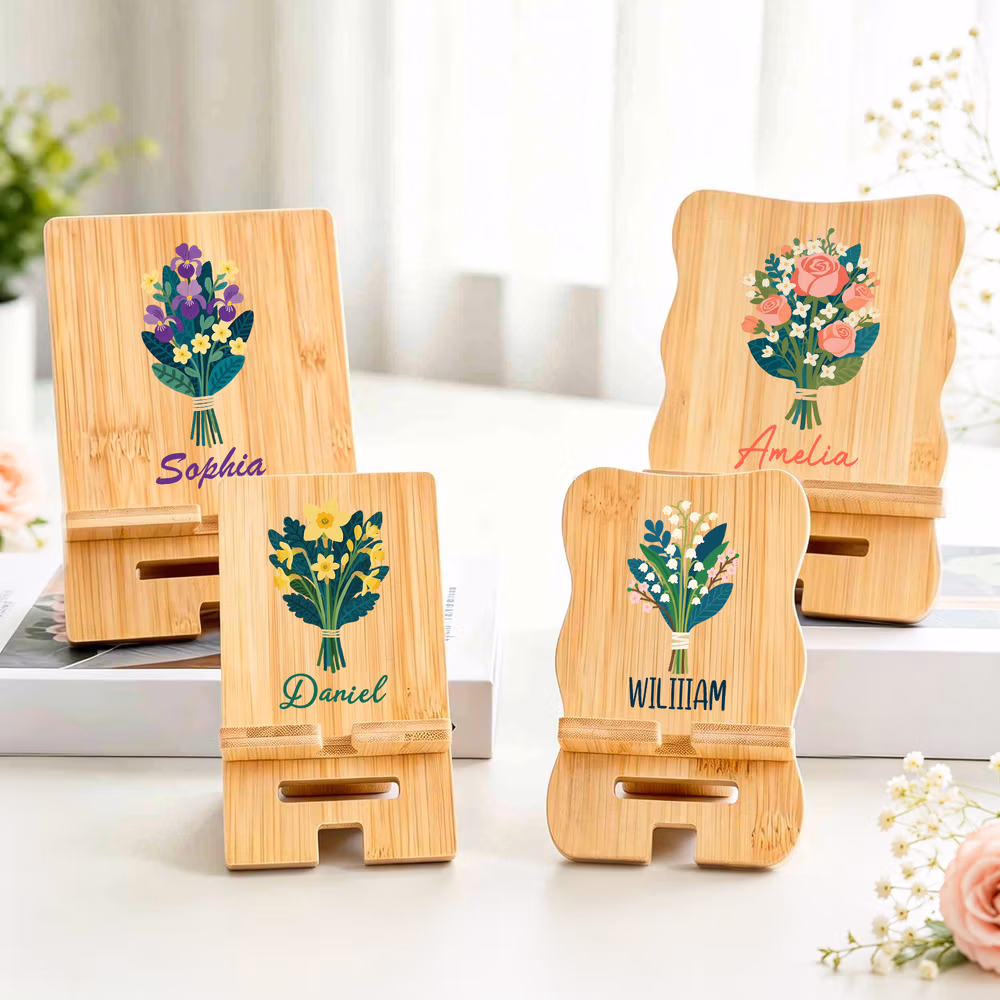 Personalized Colorful Birth Flower Wooden Phone Holder with Name Office Daily Use Birthday Gift for Family Friend Office Worker