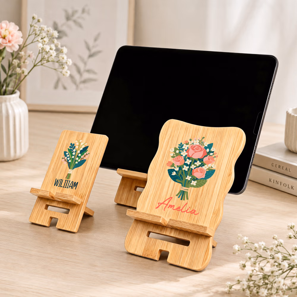 Personalized Colorful Birth Flower Wooden Phone Holder with Name Office Daily Use Birthday Gift for Family Friend Office Worker