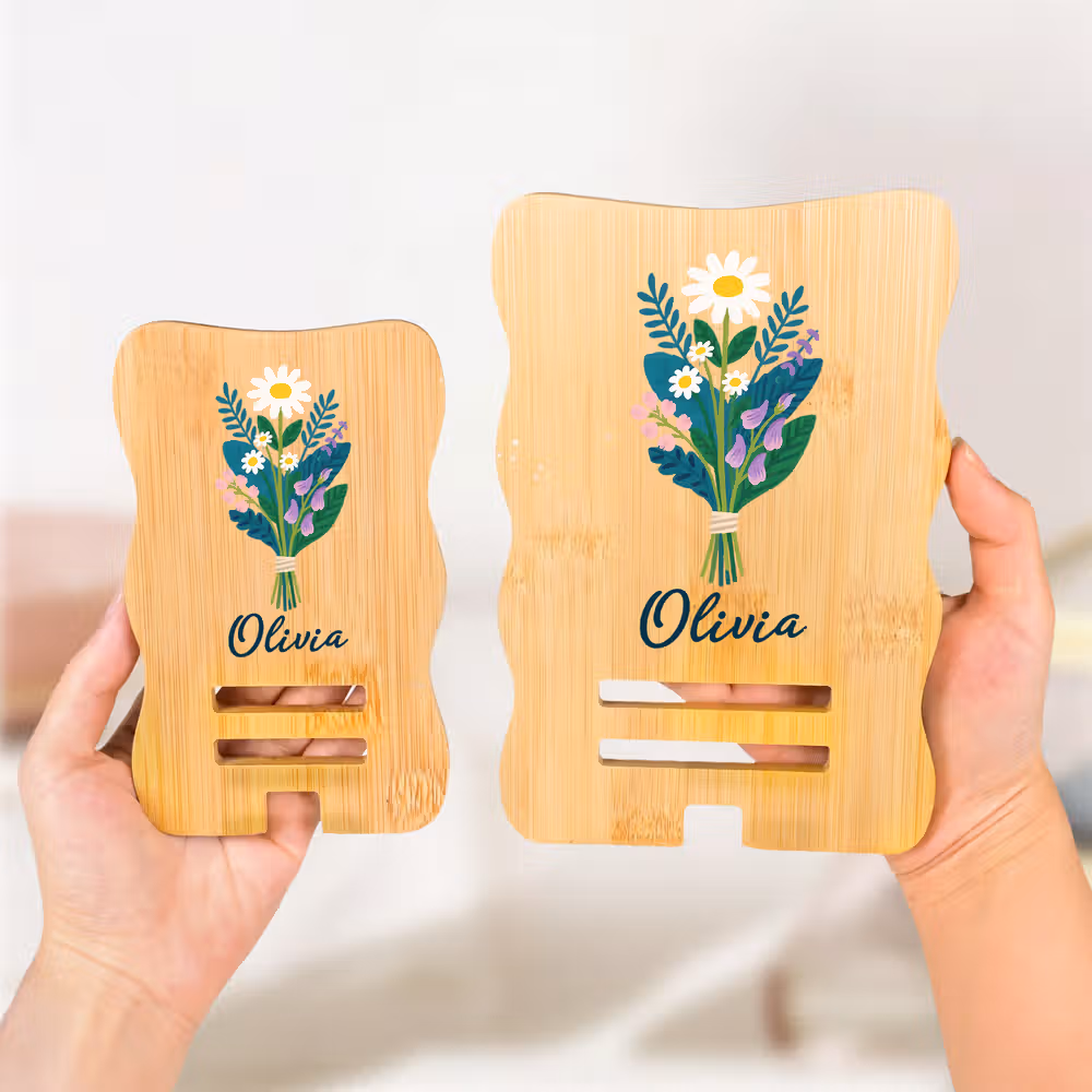 Personalized Colorful Birth Flower Wooden Phone Holder with Name Office Daily Use Birthday Gift for Family Friend Office Worker