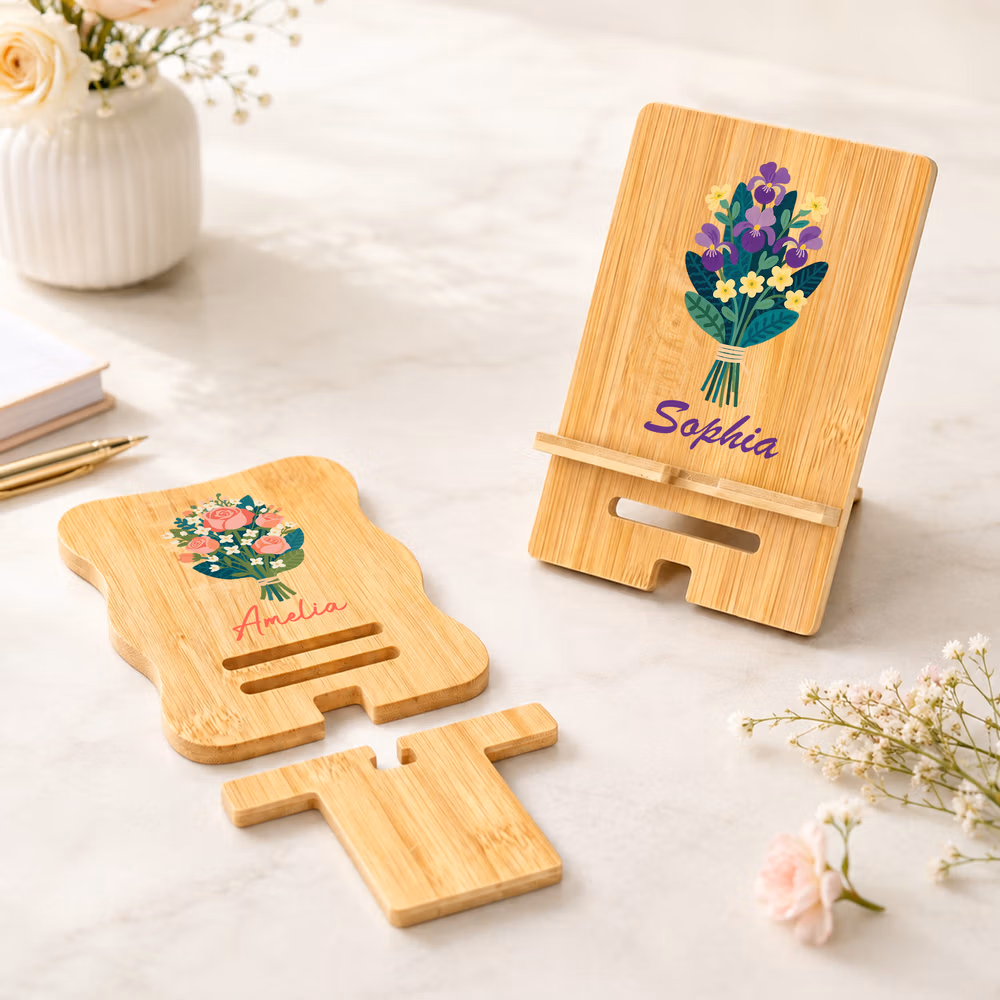 Personalized Colorful Birth Flower Wooden Phone Holder with Name Office Daily Use Birthday Gift for Family Friend Office Worker