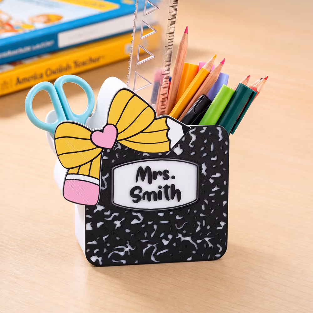 Personalized 3D-Printed Book Bow Pen Holder Desk Organizer with Text Back to School Teacher's Day Gift for Teacher