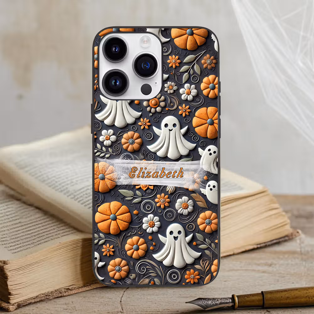 Personalized 3D Relief Effect Ghost Pumpkin Flower Spider Web Phone Case for iPhone with Name Halloween Gift for Family Friend