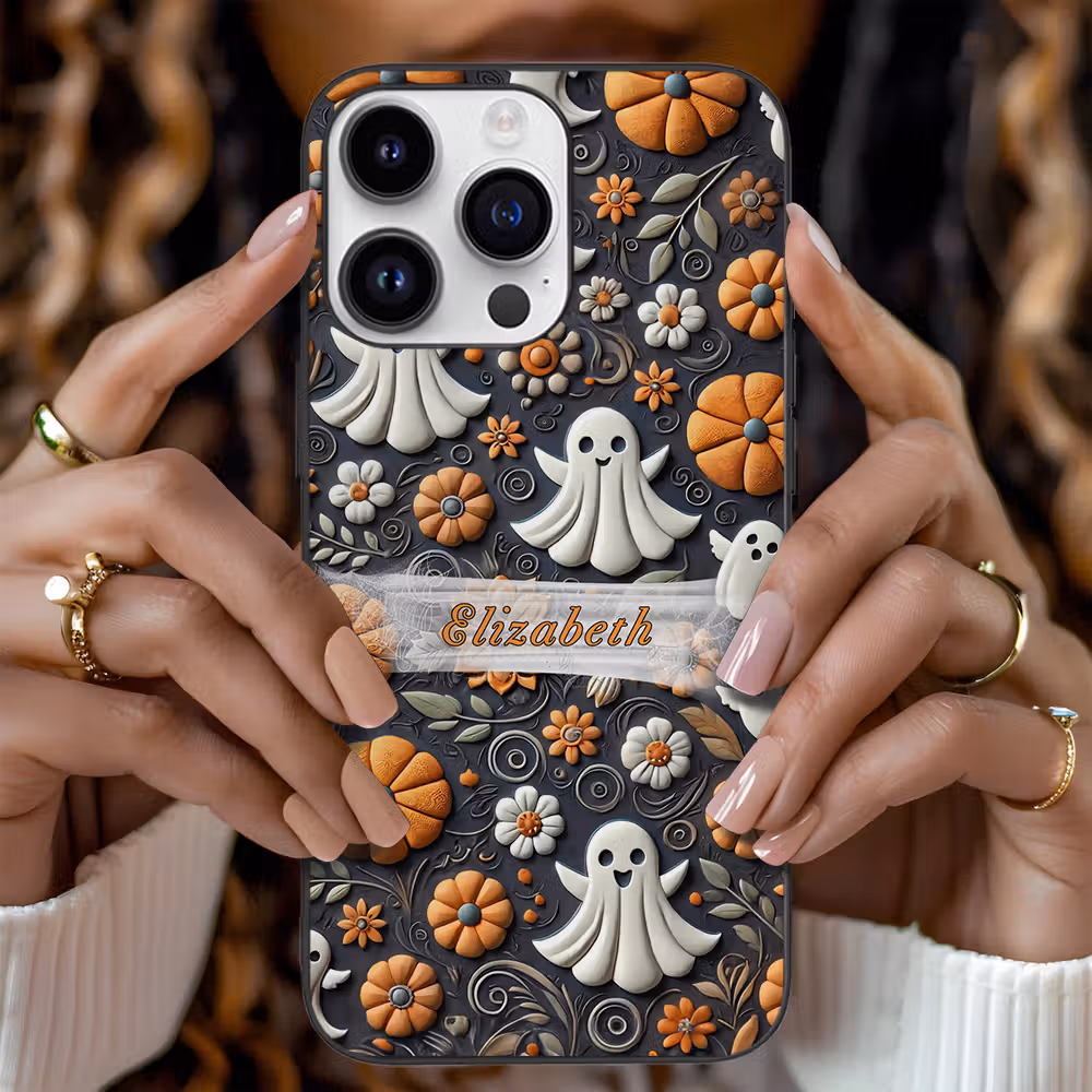 Personalized 3D Relief Effect Ghost Pumpkin Flower Spider Web Phone Case for iPhone with Name Halloween Gift for Family Friend