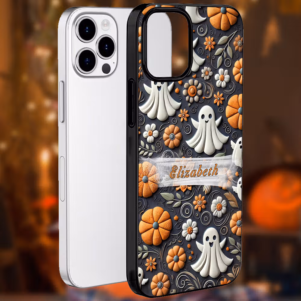 Personalized 3D Relief Effect Ghost Pumpkin Flower Spider Web Phone Case for iPhone with Name Halloween Gift for Family Friend