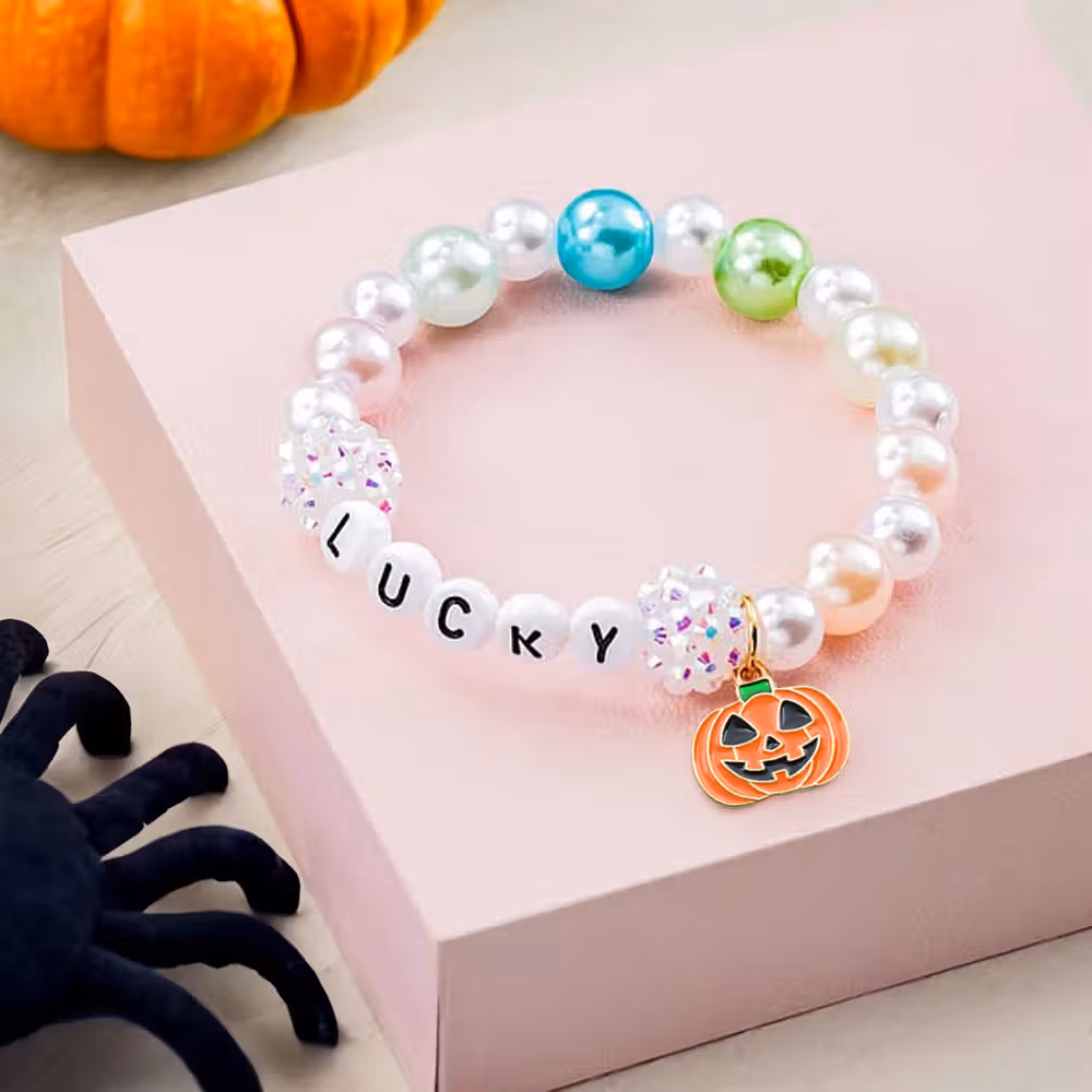 Personalized Cute Pumpkin Colorful Beaded Bracelet with Name Anniversary Halloween Gift for Girl Woman