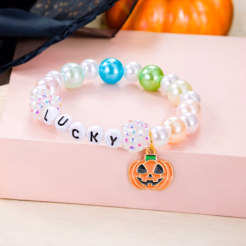 Personalized Cute Pumpkin Colorful Beaded Bracelet with Name Anniversary Halloween Gift for Girl Woman