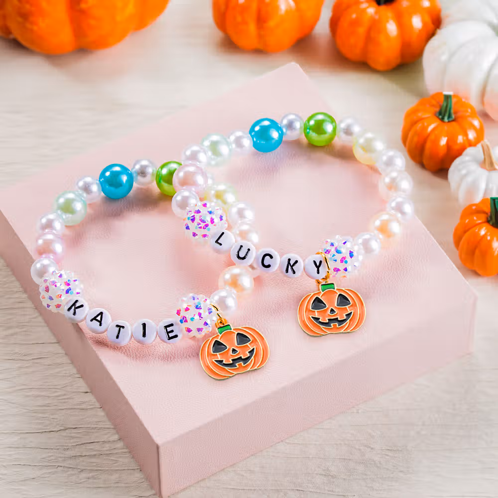 Personalized Cute Pumpkin Colorful Beaded Bracelet with Name Anniversary Halloween Gift for Girl Woman